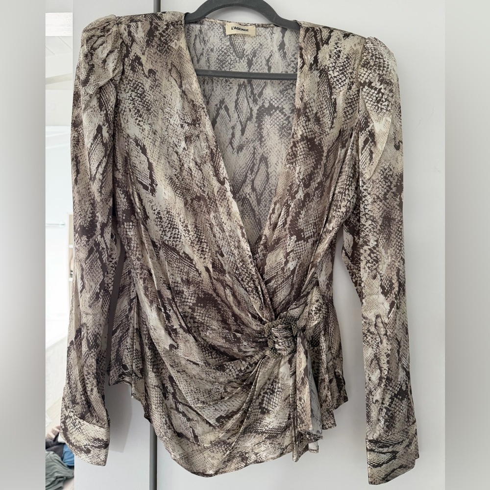 L'AGENCE Neutral Snakeskin Silk Blouse